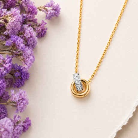 Bicolor collier met twee kleine ringen in elkaar met diamant