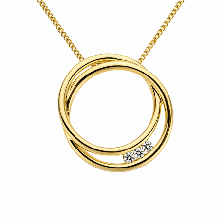Geelgouden hanger 2 ringen in elkaar met diamant