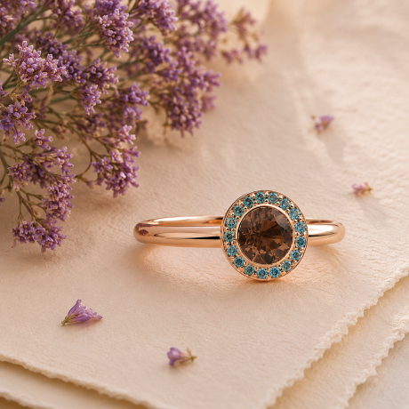 Bron ring Sushi met rookkwarts en blauwe diamant
