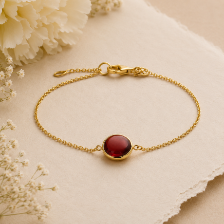 Geelgouden schakel armband met granaat