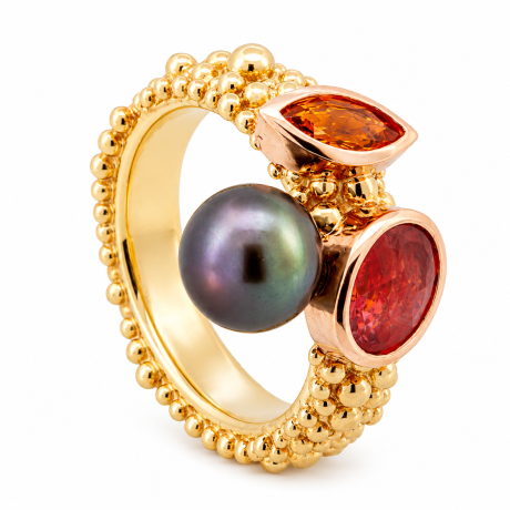 Grillige bolletjes ring met edelstenen en parel