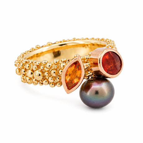 Grillige bolletjes ring met edelstenen en parel