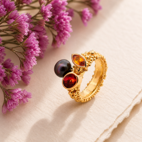 Grillige bolletjes ring met edelstenen en parel