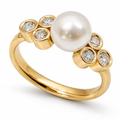 Geelgouden ring met diamant en parel Zuurdeeg en Ockels